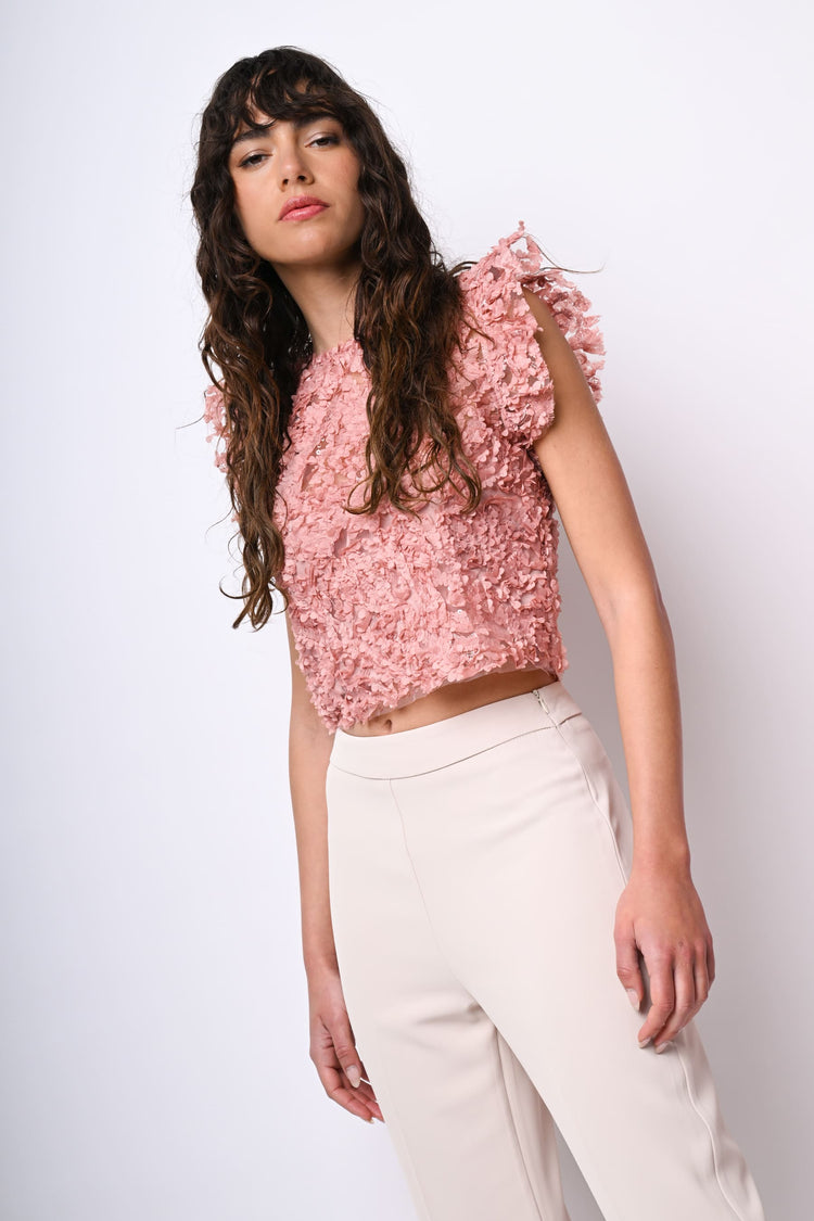 Top crop in pizzo floreale con paillettes