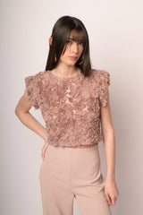 Top crop in pizzo floreale rosa cipria