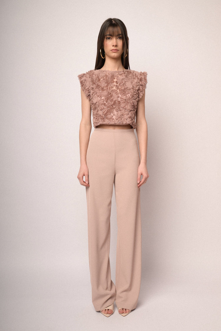 Top crop in pizzo floreale rosa cipria