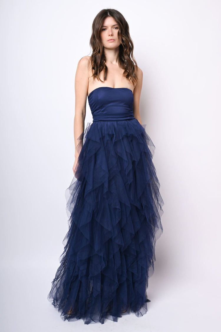Abito lungo a bustier in tulle con volants