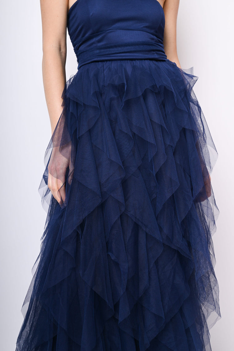 Abito lungo a bustier in tulle con volants
