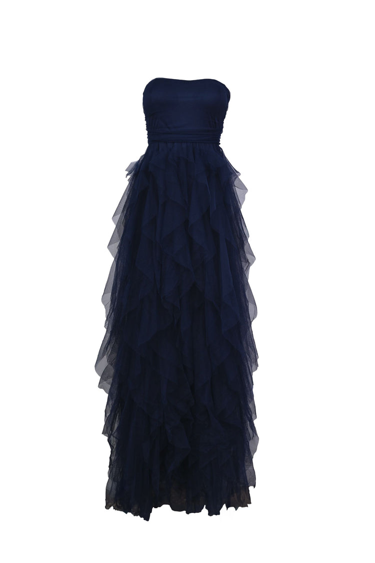 Abito lungo a bustier in tulle con volants