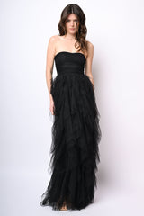 Abito lungo a bustier in tulle con volants