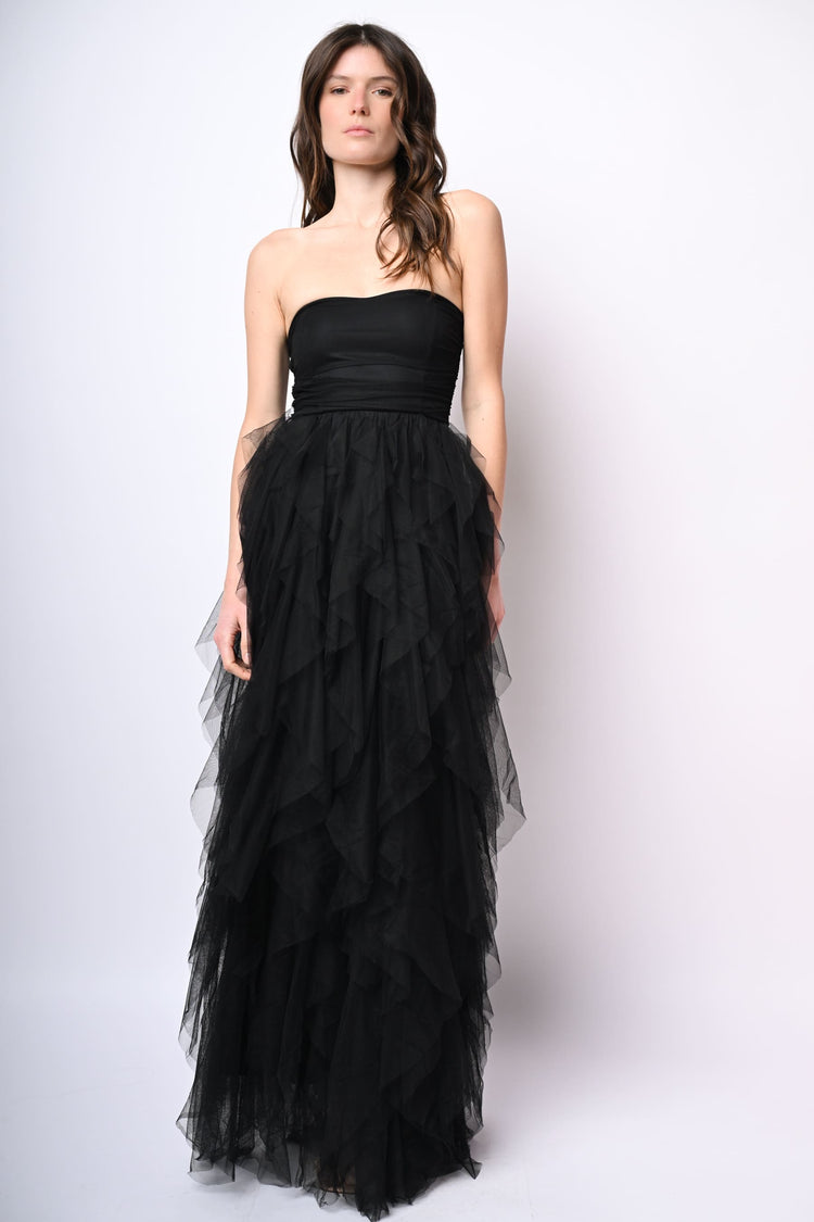 Abito lungo a bustier in tulle con volants
