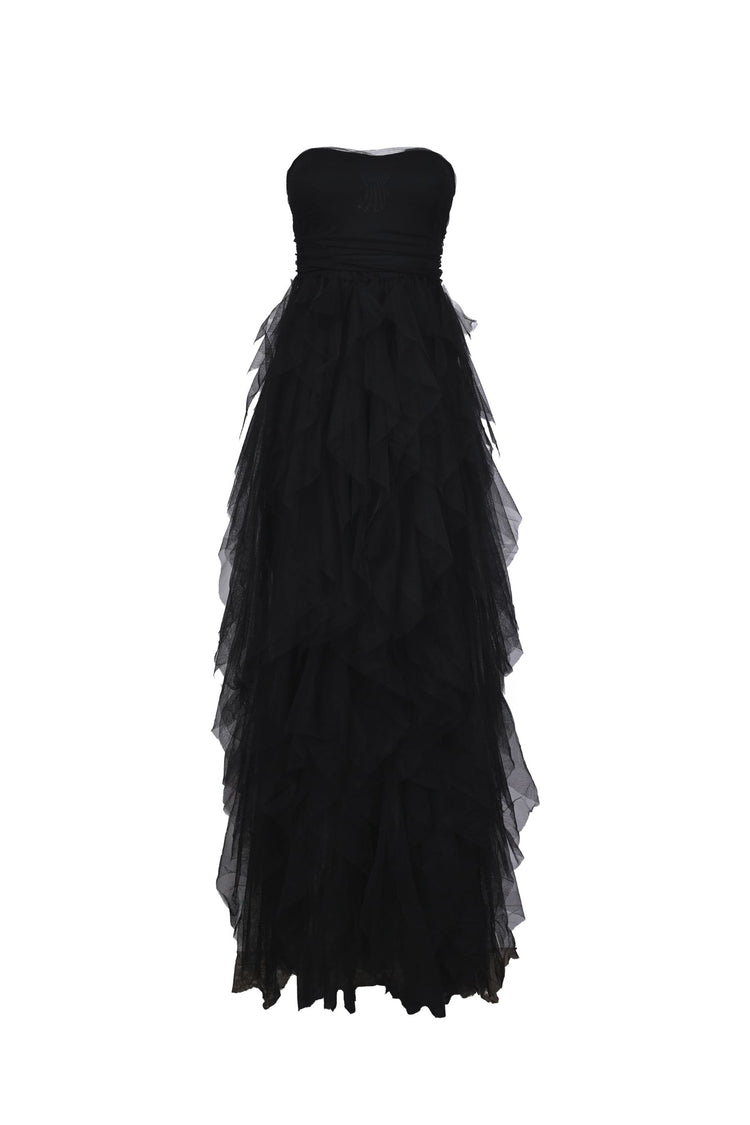 Abito lungo a bustier in tulle con volants