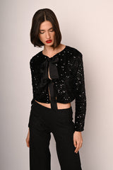 Cardigan crop in ciniglia con fiocchi e paillettes
