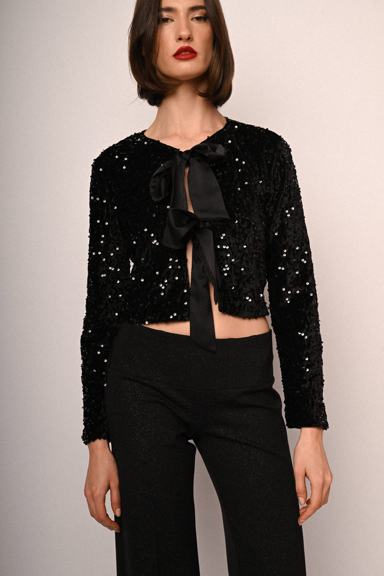 Cardigan crop in ciniglia con fiocchi e paillettes