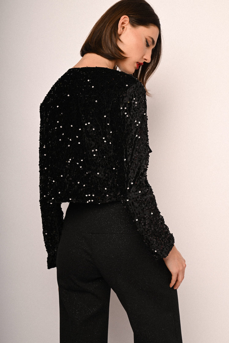 Cardigan crop in ciniglia con fiocchi e paillettes