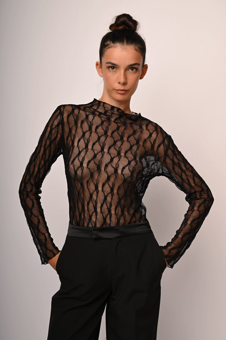 Top in tulle dévoré con collo a cratere