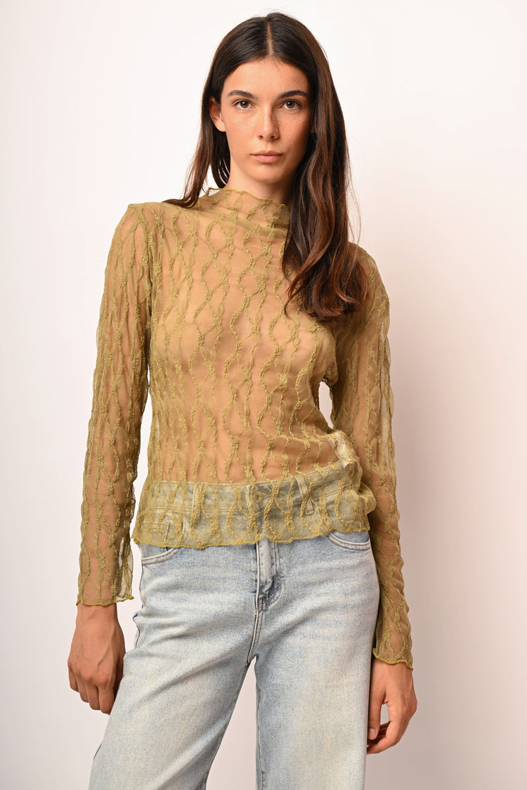 Top in tulle dévoré con collo a cratere