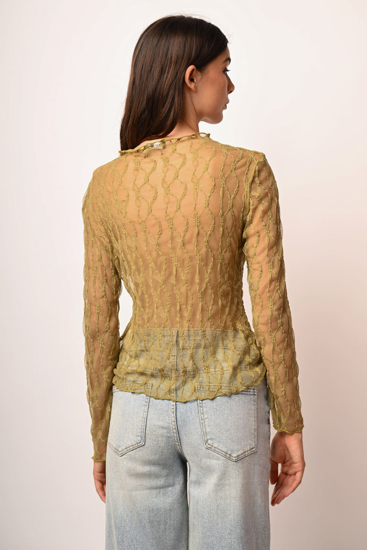 Top in tulle dévoré con collo a cratere