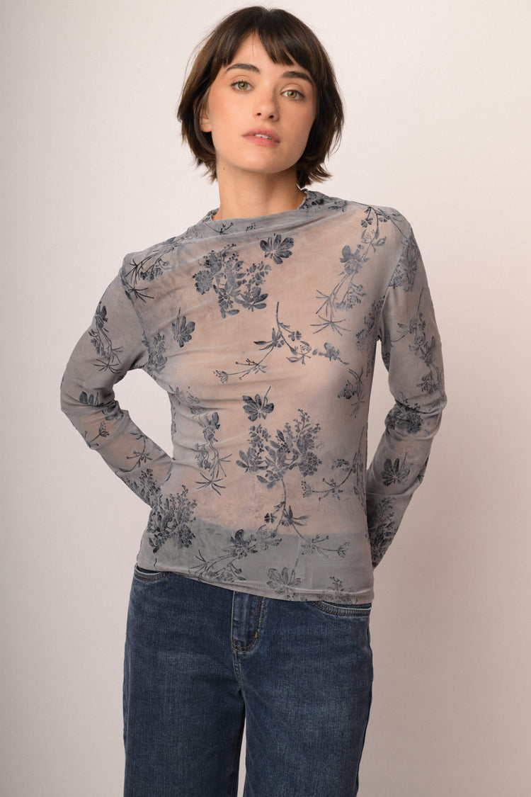 Top in tulle dévoré floreale blu