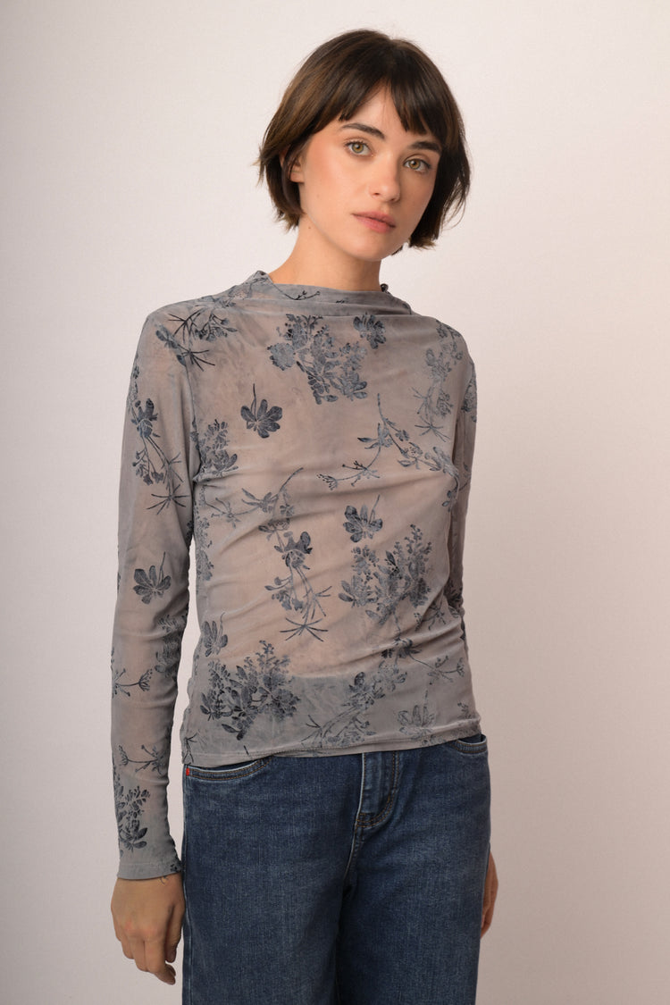 Top in tulle dévoré floreale blu