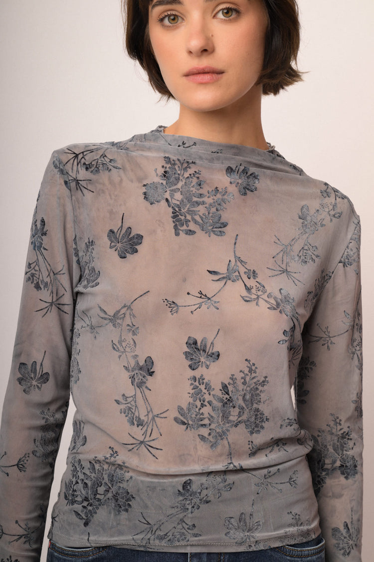 Top in tulle dévoré floreale blu