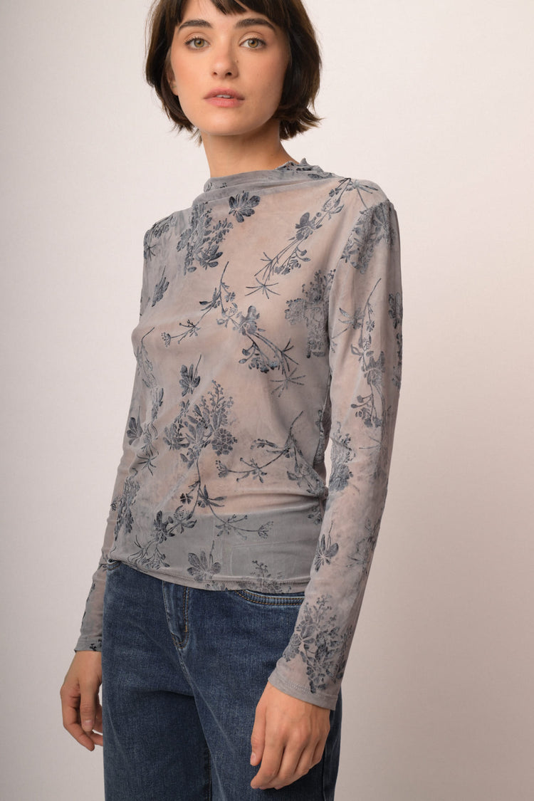 Top in tulle dévoré floreale blu