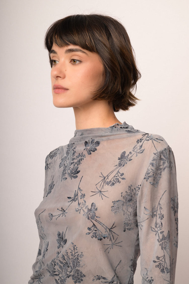 Top in tulle dévoré floreale blu