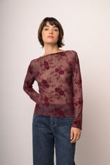Top in tulle dévoré floreale bordeaux