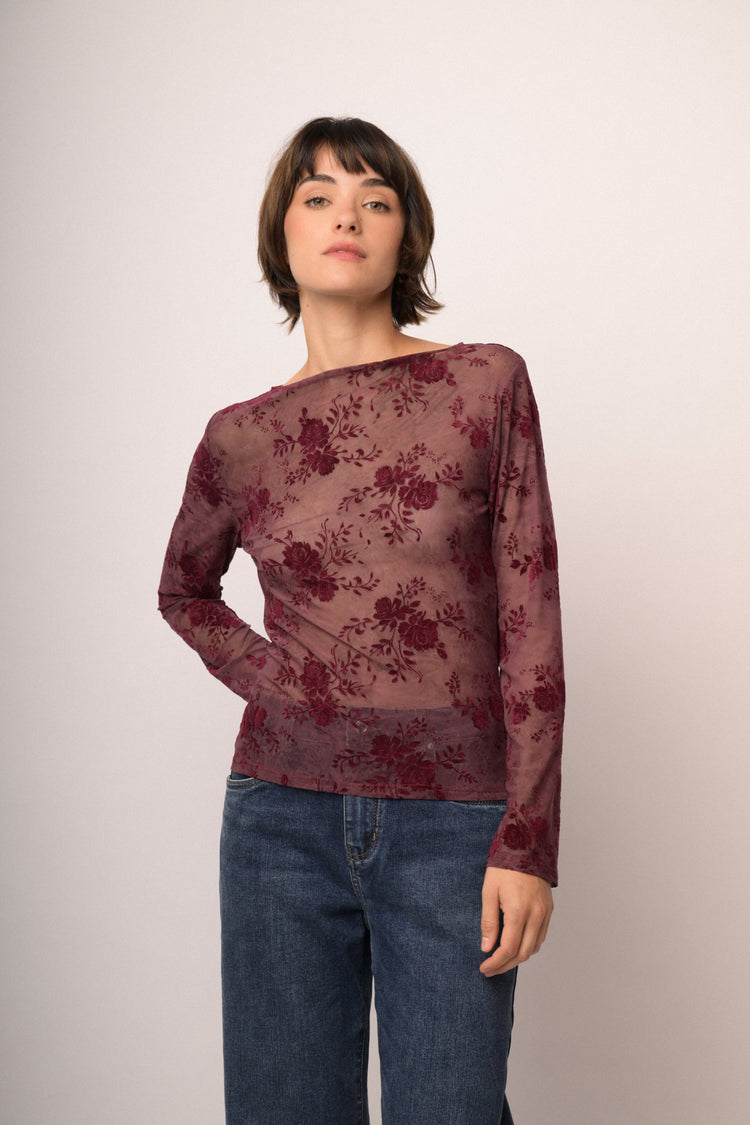 Top in tulle dévoré floreale bordeaux