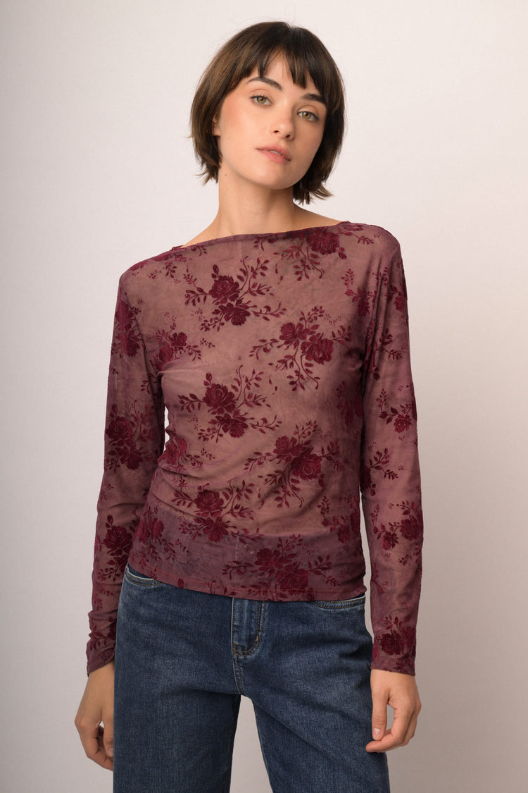 Top in tulle dévoré floreale bordeaux