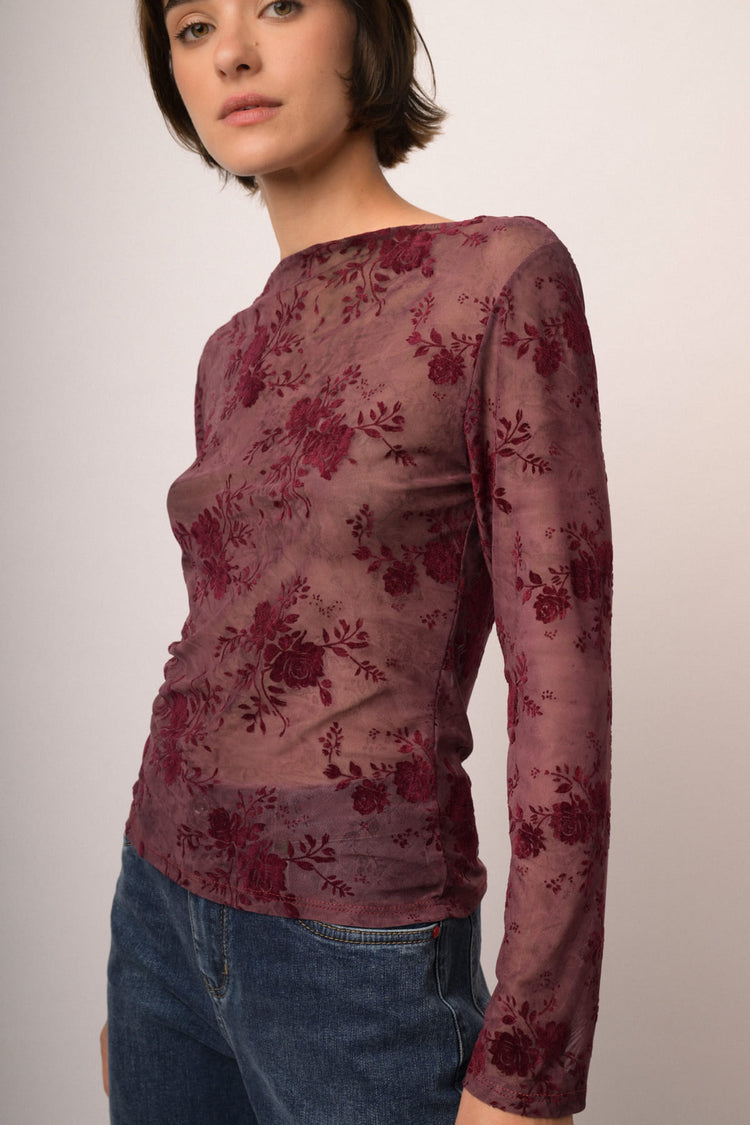 Top in tulle dévoré floreale bordeaux