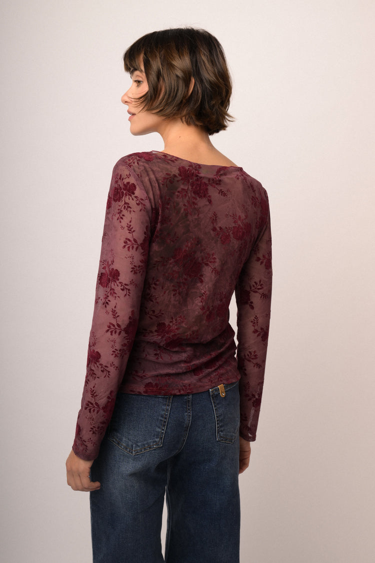 Top in tulle dévoré floreale bordeaux
