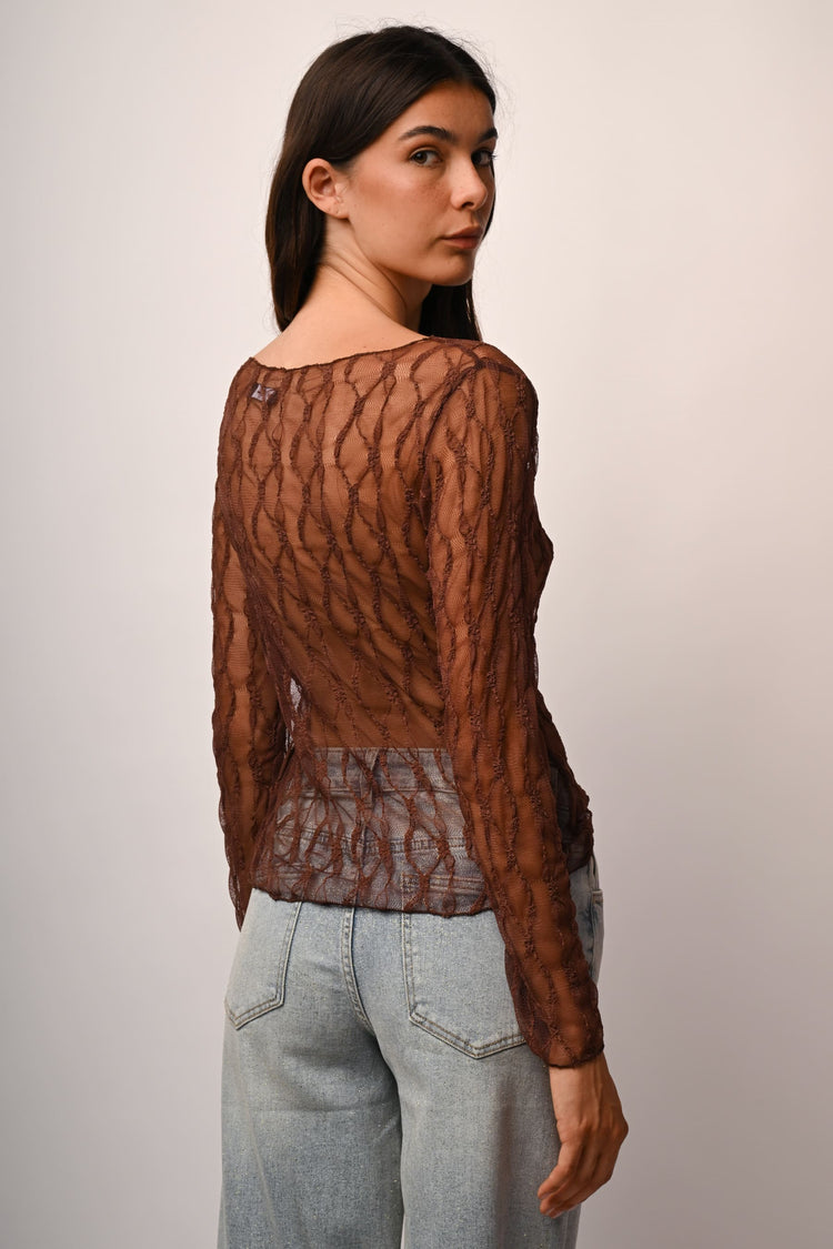 Top in tulle dévoré con scollo a barchetta