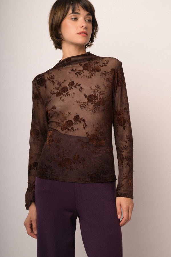 Top in tulle dévoré floreale cioccolato