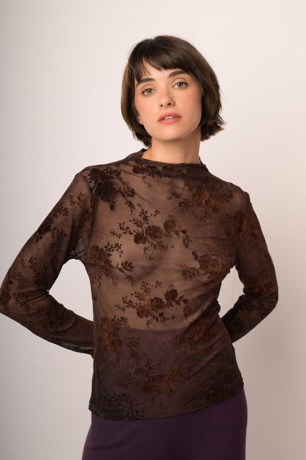 Top in tulle dévoré floreale cioccolato