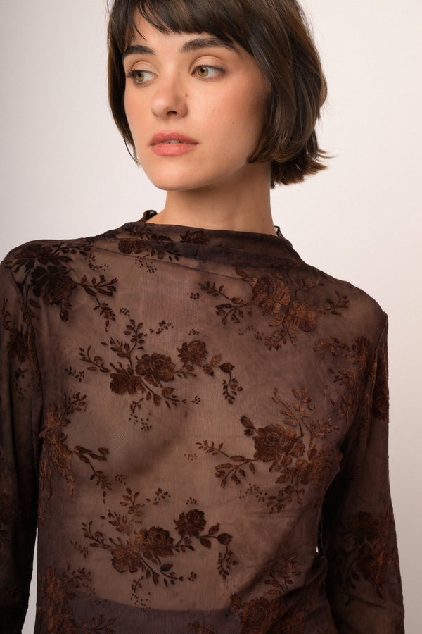 Top in tulle dévoré floreale cioccolato