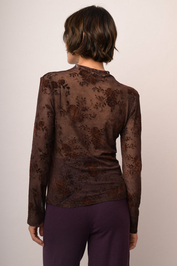 Top in tulle dévoré floreale cioccolato