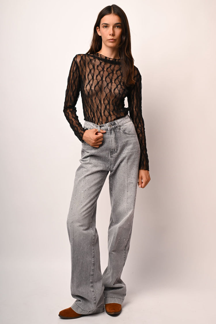 Top in tulle dévoré con scollo a barchetta