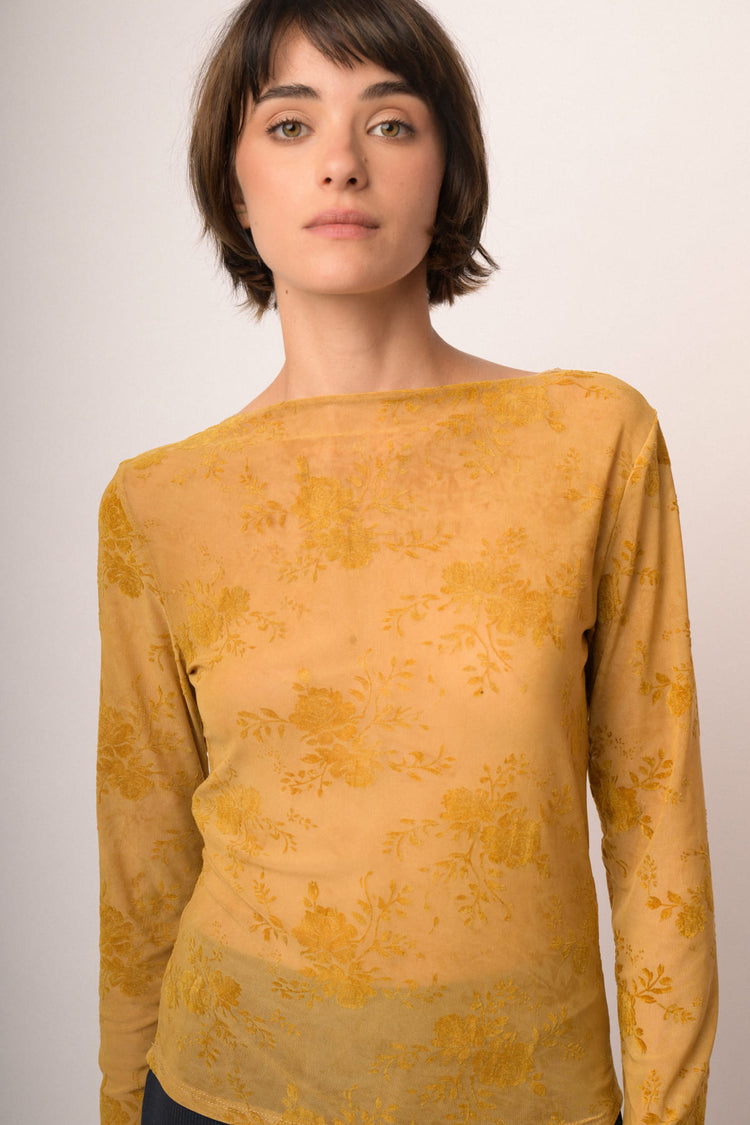 Top in tulle dévoré floreale giallo