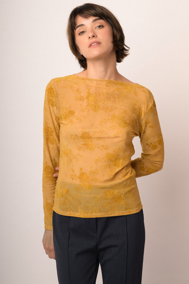 Top in tulle dévoré floreale giallo