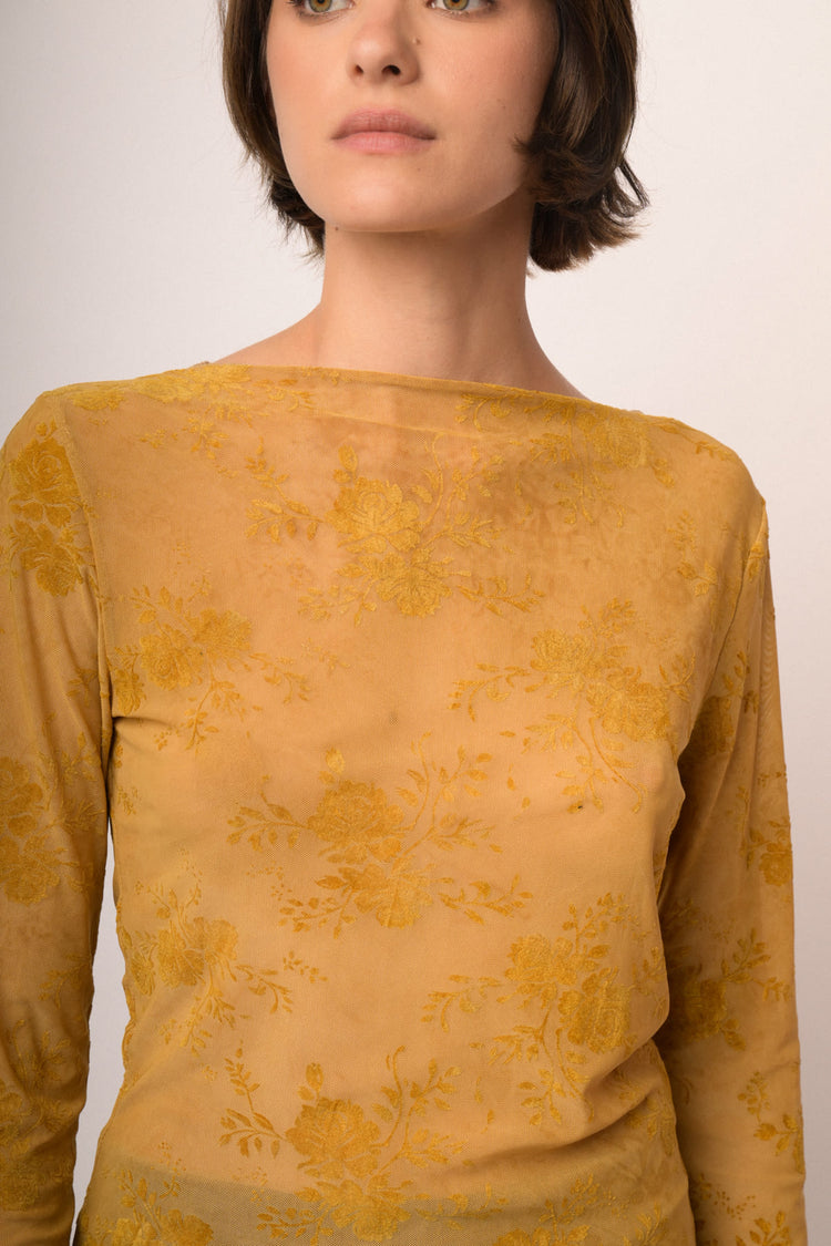Top in tulle dévoré floreale giallo