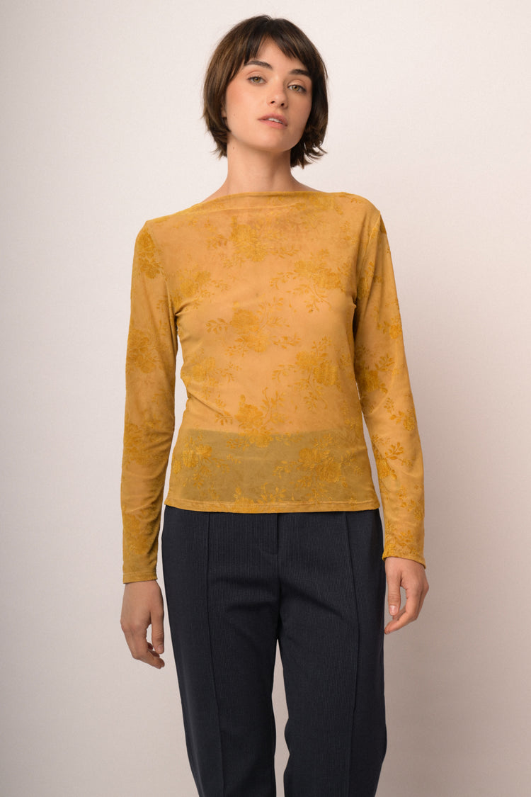 Top in tulle dévoré floreale giallo