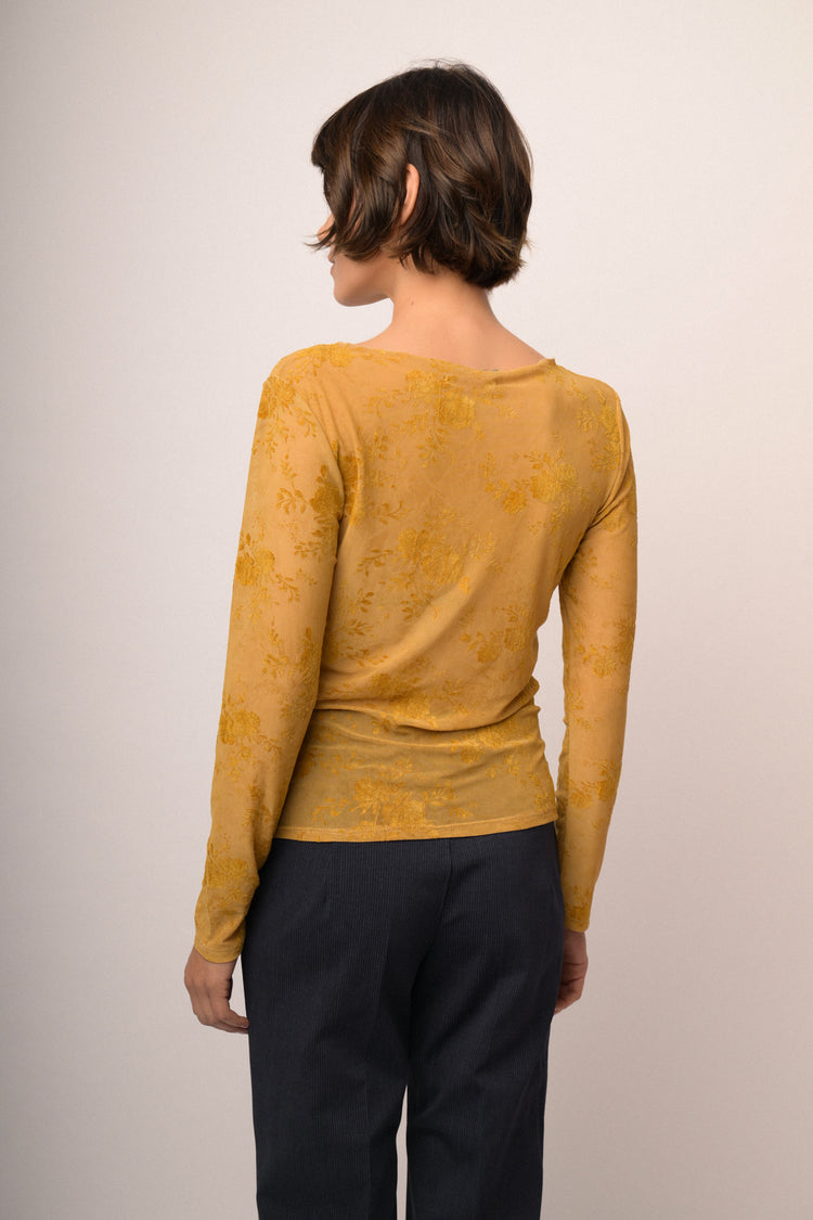 Top in tulle dévoré floreale giallo