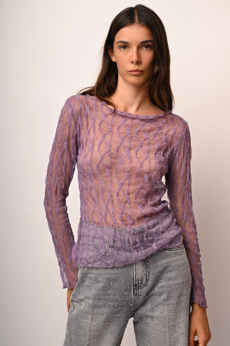 Top in tulle dévoré con scollo a barchetta