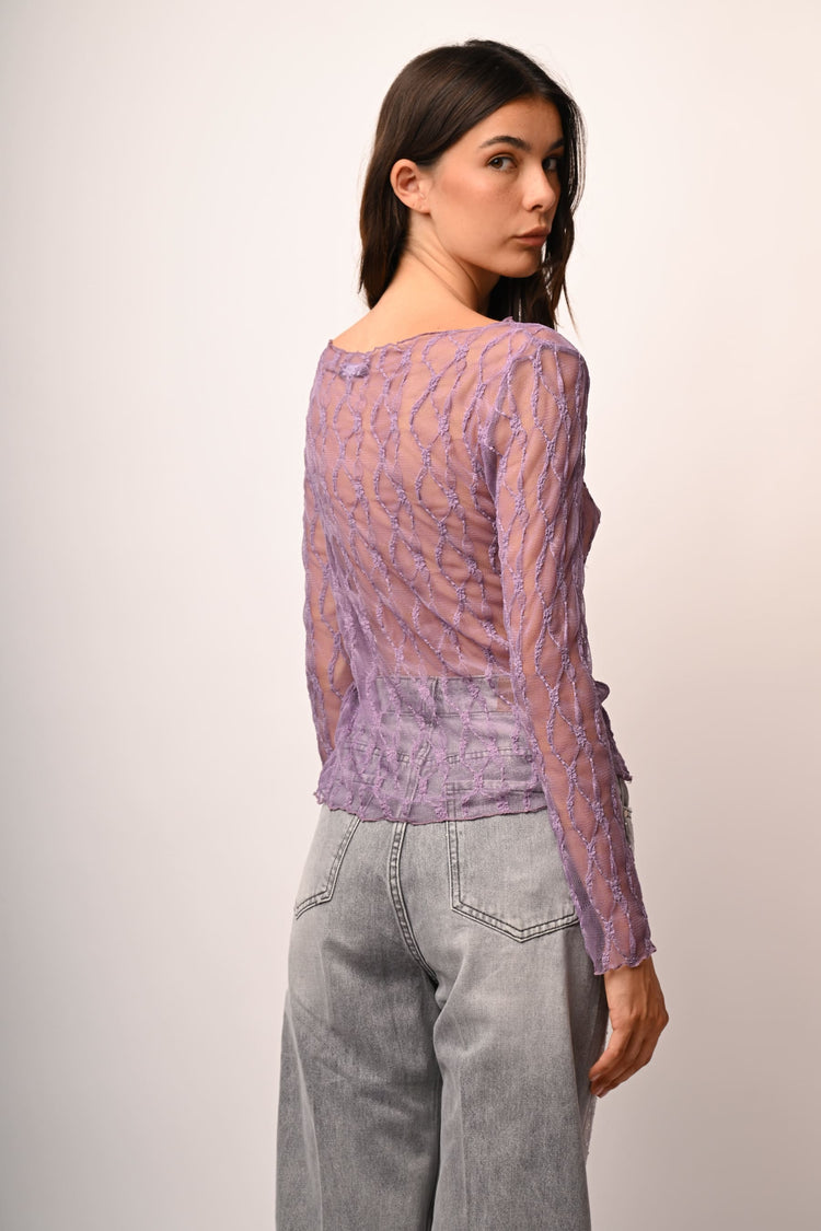 Top in tulle dévoré con scollo a barchetta