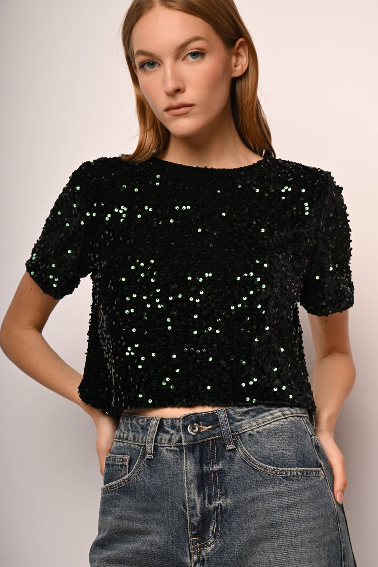 T-shirt in ciniglia con paillettes