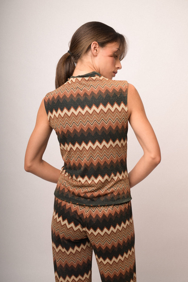 Top in maglia lurex con stampa zig-zag multicolor