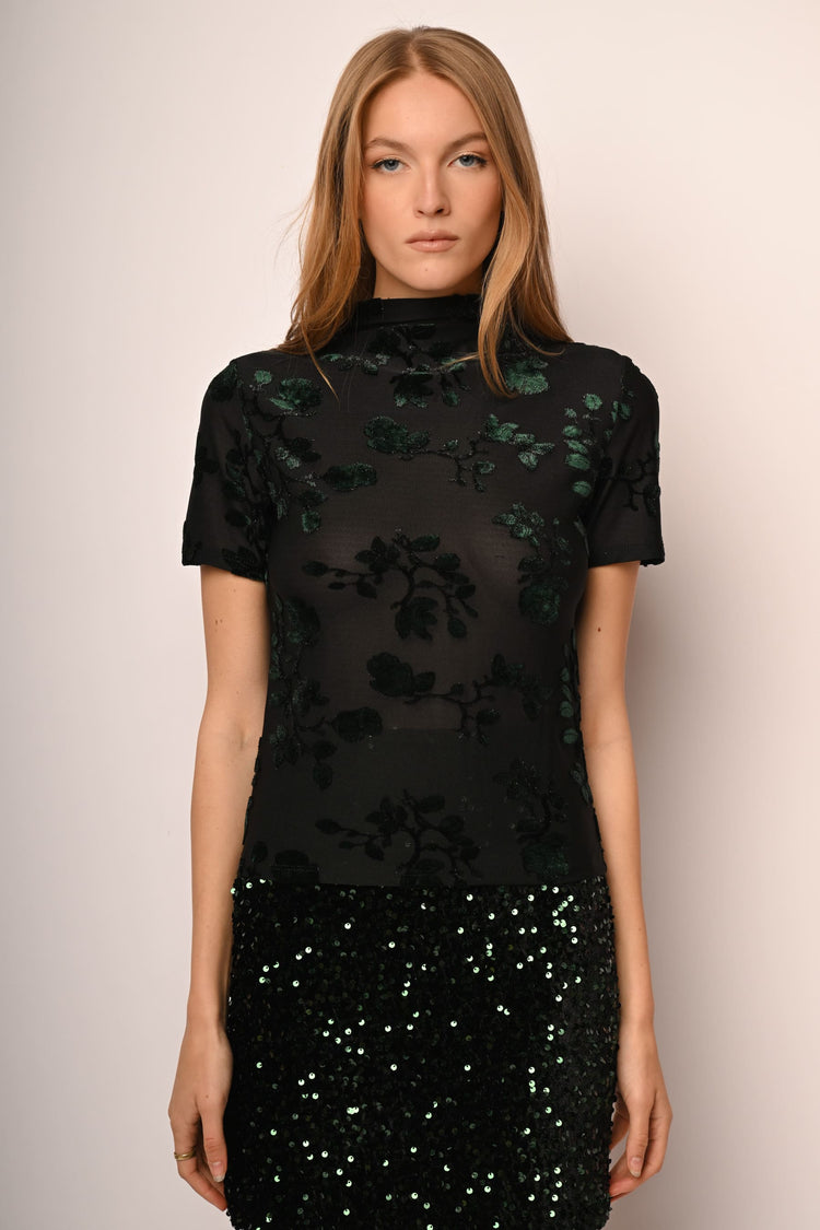 Top in tulle e velluto devoré foliage