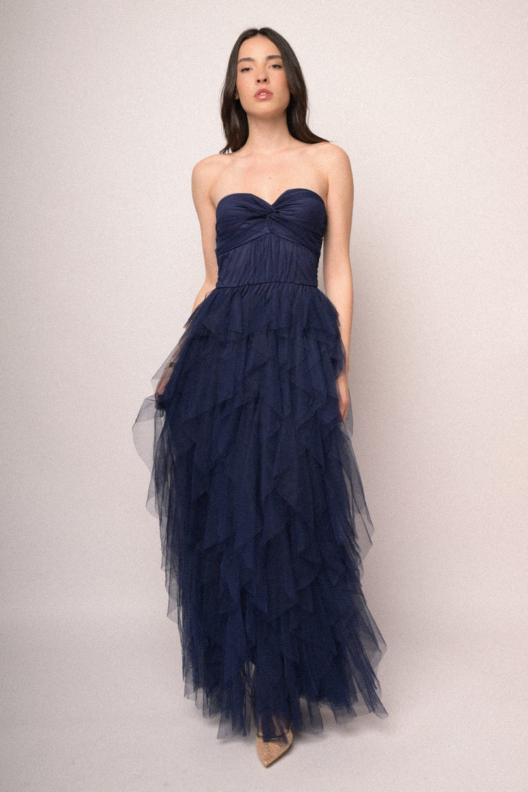 Abito lungo a bustier in tulle blu