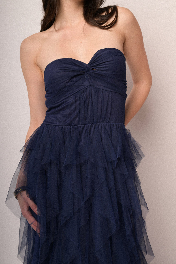 Abito lungo a bustier in tulle blu