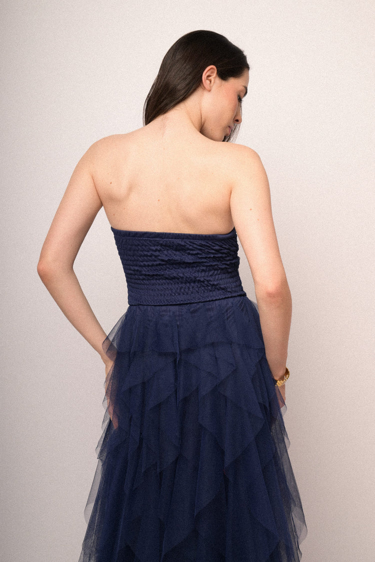 Abito lungo a bustier in tulle blu