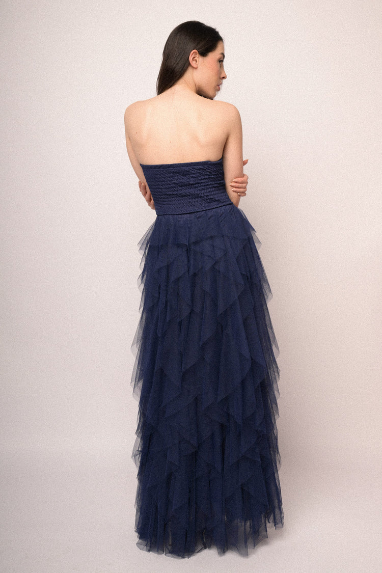 Abito lungo a bustier in tulle blu