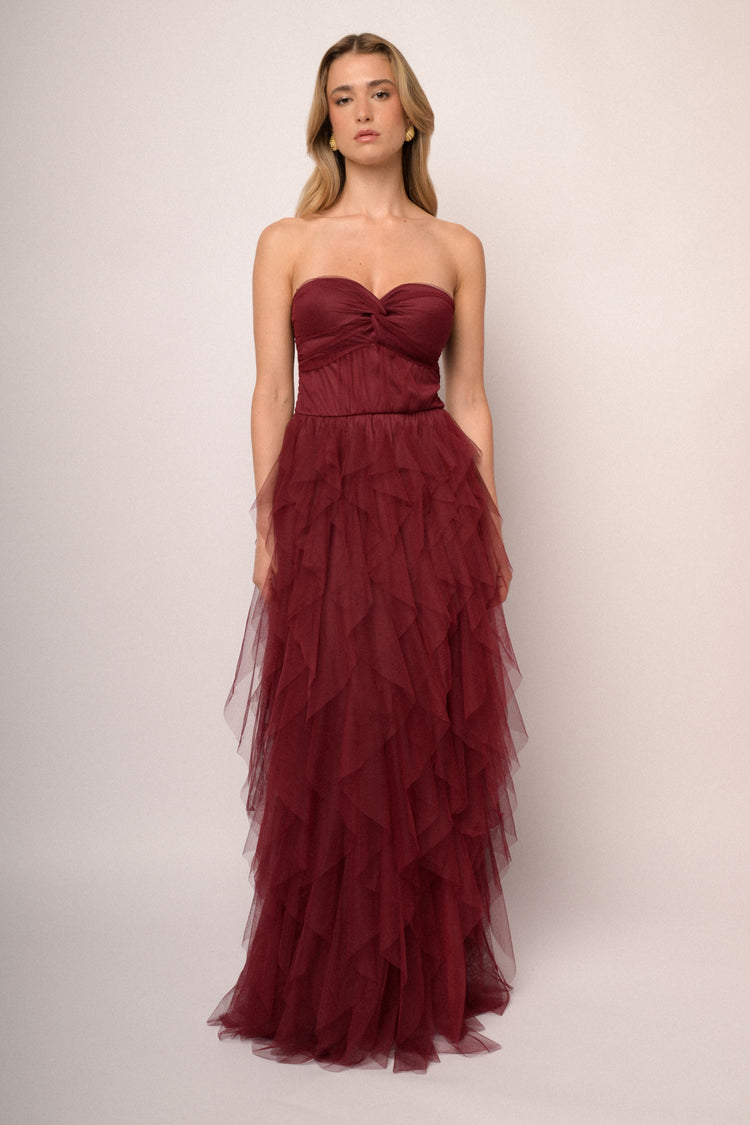 Abito lungo a bustier in tulle rosso
