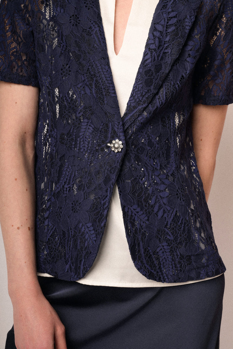 Blazer a maniche corte in pizzo blu