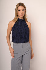 Top halter in pizzo floreale 3D blu