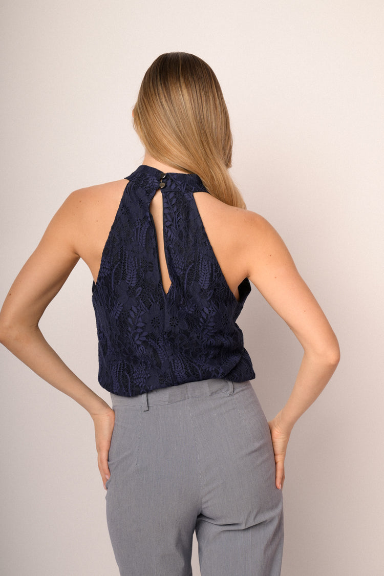 Top halter in pizzo floreale 3D blu