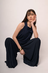 Pantaloni palazzo in tessuto plissé blu
